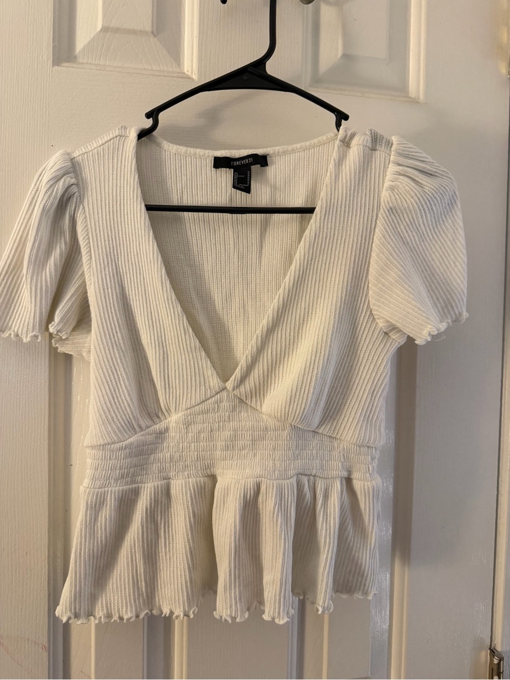 Forever 21 White Ribbed V-Neck Peplum Crop Top